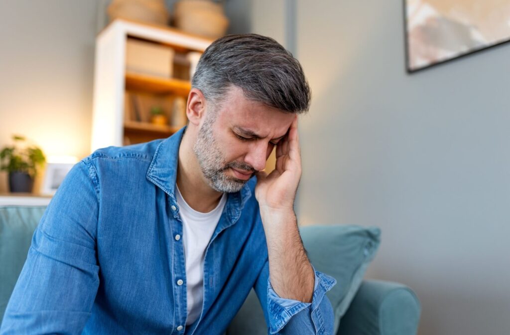 A person sits on a couch indoors, holding their head as if experiencing discomfort or a headache.