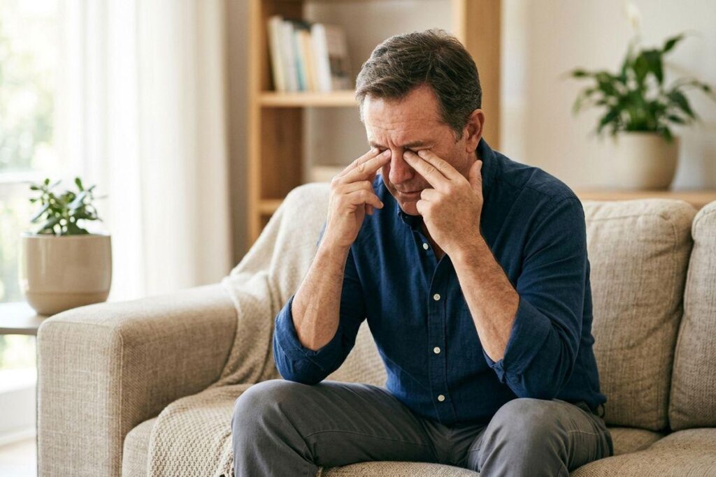 Adult sitting on a sofa, pressing fingers to the bridge of their nose with eyes closed, appearing strained, in a living room.