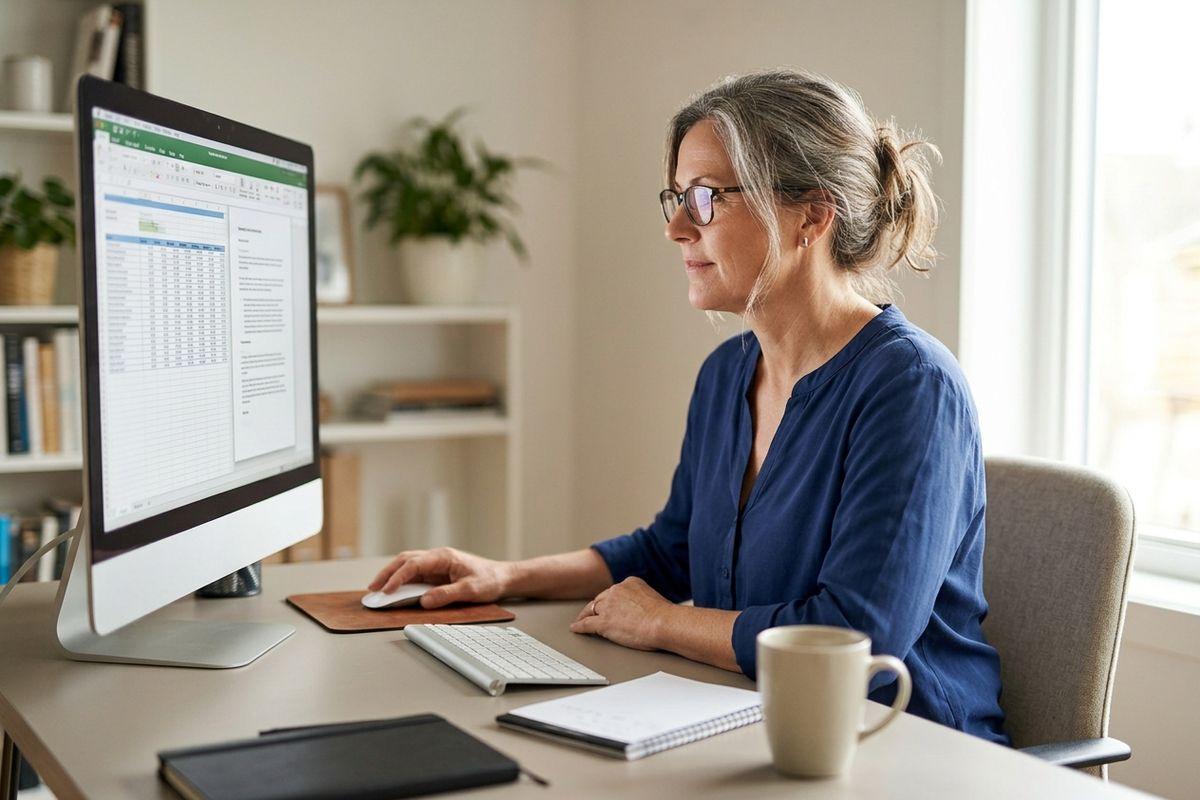 Adult with glasses sitting at a desk, focused on a desktop computer displaying a spreadsheet, with a mug and notepad nearby.