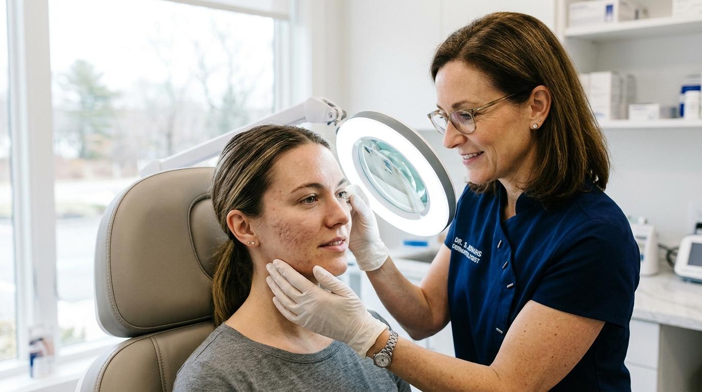A person in gloves examines a seated patient's face using a magnifying lamp in a clinic.