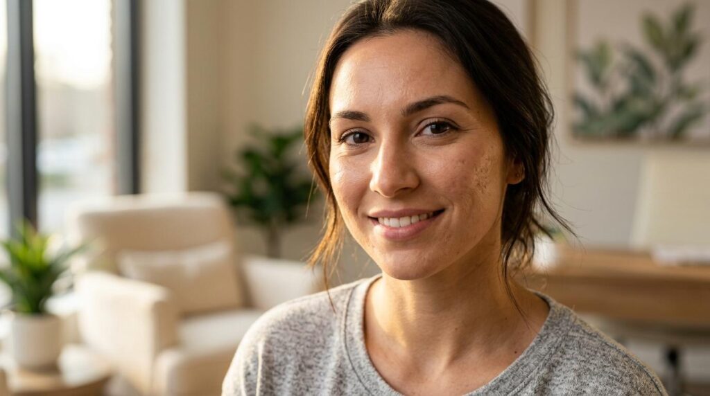 Smiling adult in a gray top, seated indoors near a window with plants and an armchair in the background.