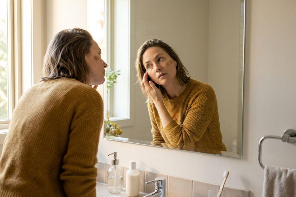 Adult in a yellow sweater examining their face in a bathroom mirror, touching their cheek with a focused expression.