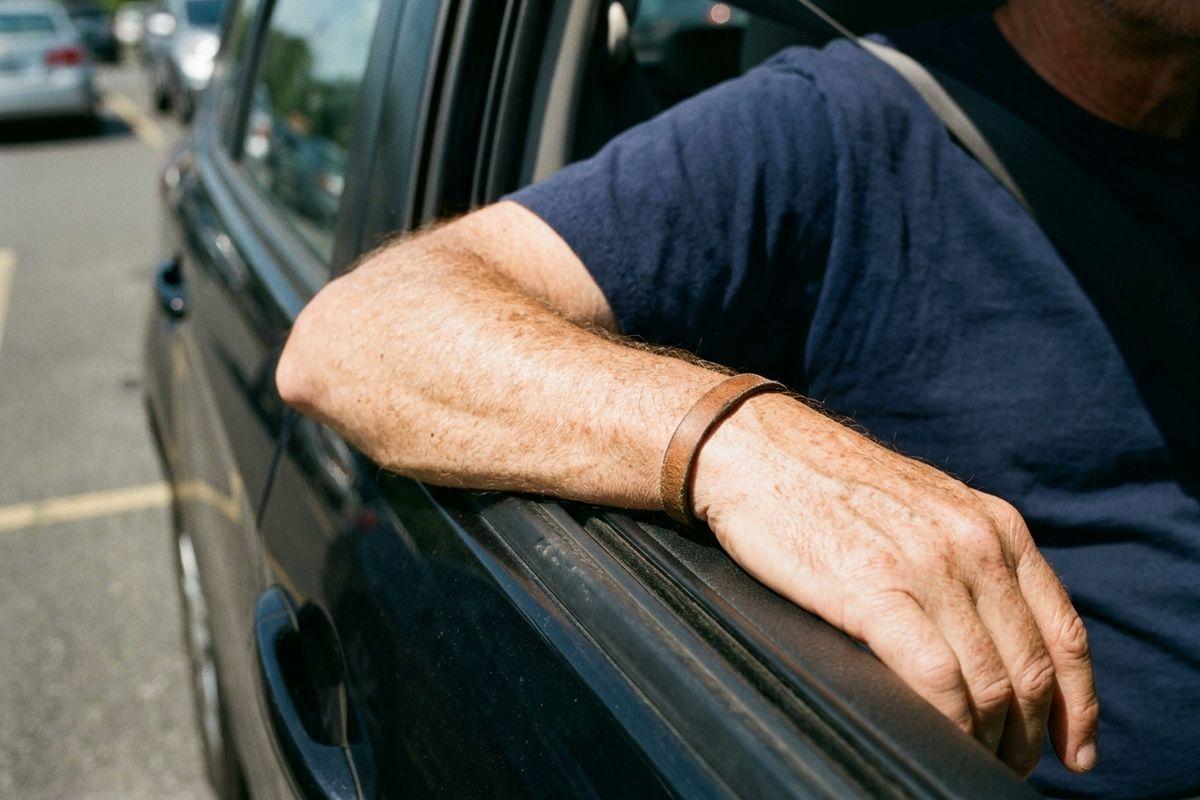 Person's arm resting on an open car window, wearing a thin brown leather bracelet and a navy blue short-sleeve shirt, parked on a street.
