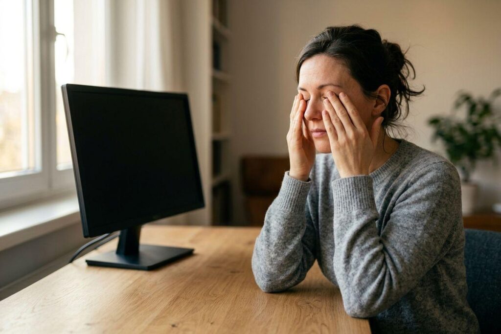 Adult in a grey sweater sitting at a wooden desk beside a computer monitor, rubbing both eyes with closed eyes.