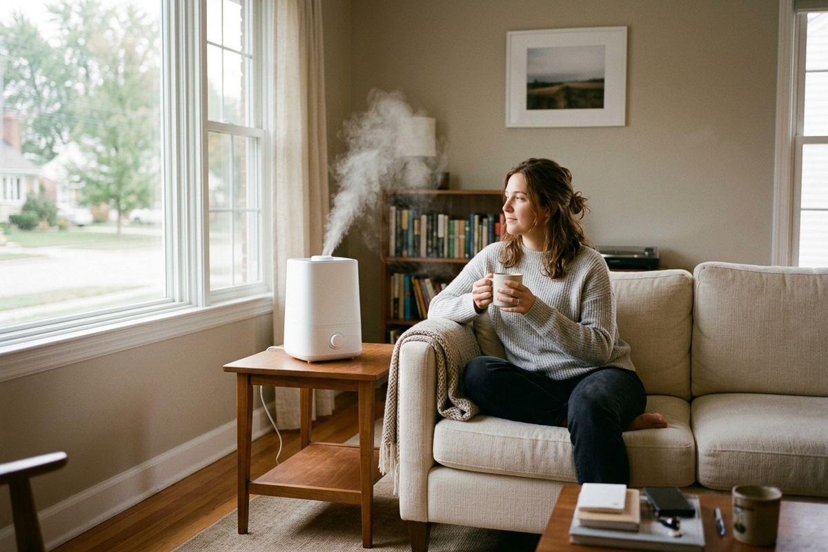 Person sitting on a beige sofa holding a mug, looking out the window beside a humidifier releasing mist on a side table in a living room.